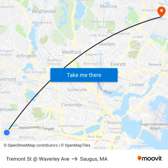 Tremont St @ Waverley Ave to Saugus, MA map