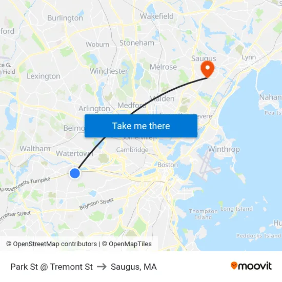 Park St @ Tremont St to Saugus, MA map
