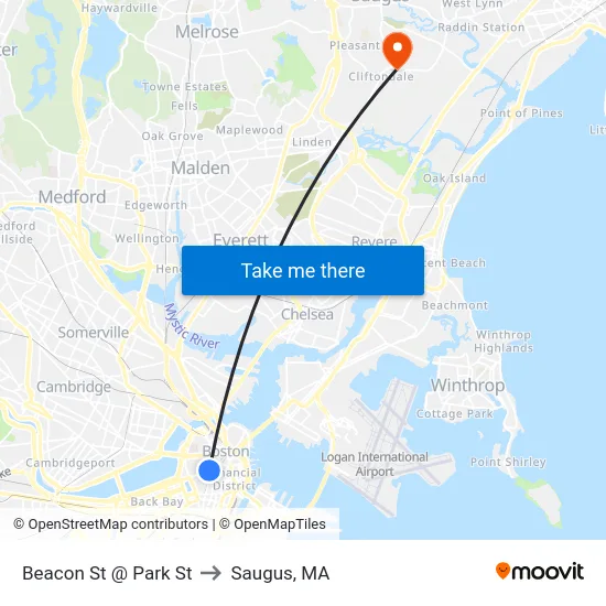 Beacon St @ Park St to Saugus, MA map