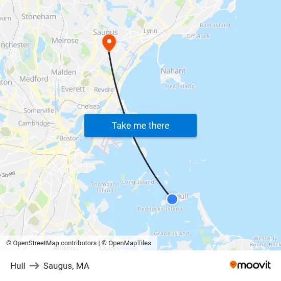 Hull to Saugus, MA map