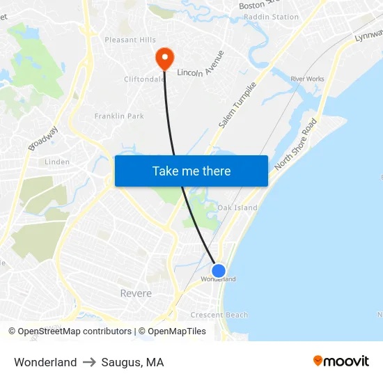 Wonderland to Saugus, MA map