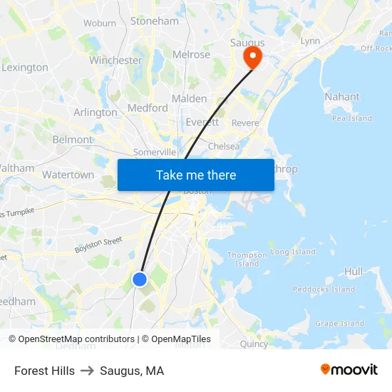 Forest Hills to Saugus, MA map