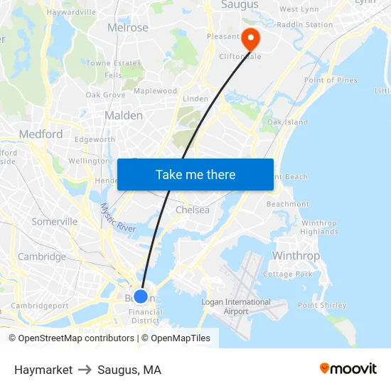 Haymarket to Saugus, MA map