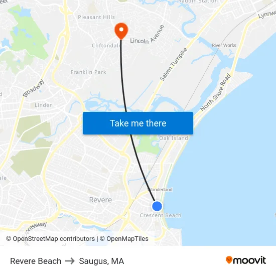 Revere Beach to Saugus, MA map