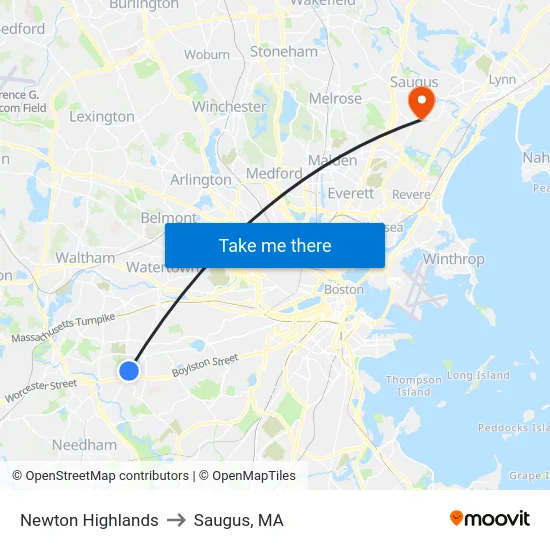Newton Highlands to Saugus, MA map