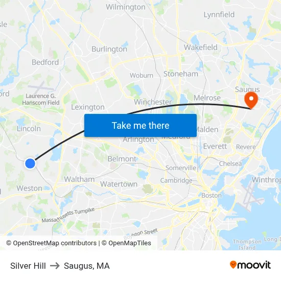 Silver Hill to Saugus, MA map