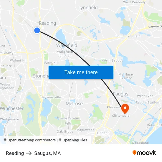 Reading to Saugus, MA map