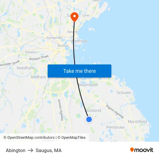 Abington to Saugus, MA map