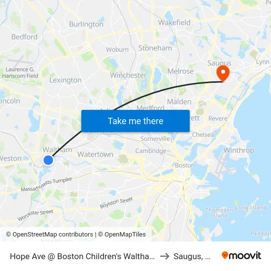 Hope Ave @ Boston Children's Waltham to Saugus, MA map