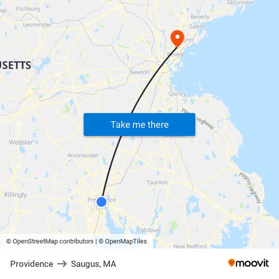 Providence to Saugus, MA map