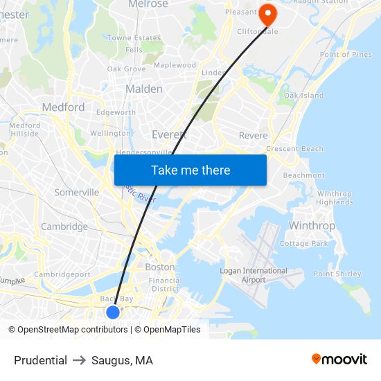 Prudential to Saugus, MA map