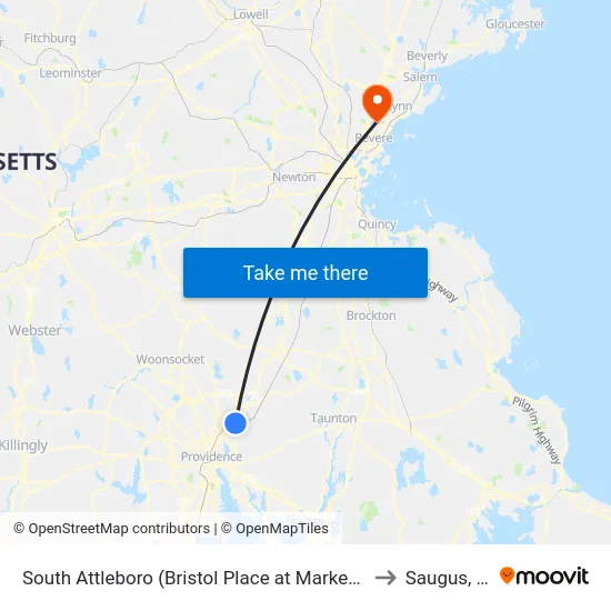 South Attleboro (Bristol Place at Market Basket) to Saugus, MA map
