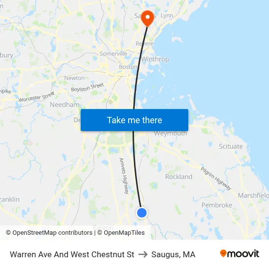Warren Ave And West Chestnut St to Saugus, MA map