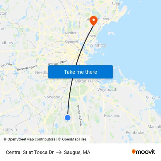 Central St at Tosca Dr to Saugus, MA map