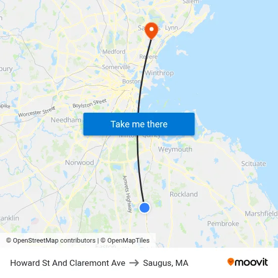 Howard St And Claremont Ave to Saugus, MA map