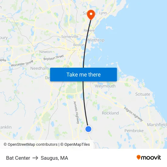 Bat Center to Saugus, MA map
