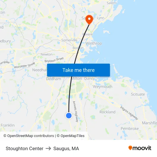 Stoughton Center to Saugus, MA map