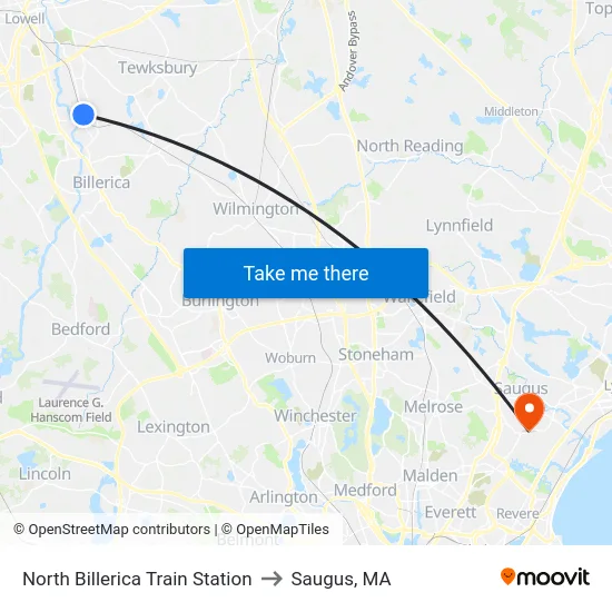 North Billerica Train Station to Saugus, MA map