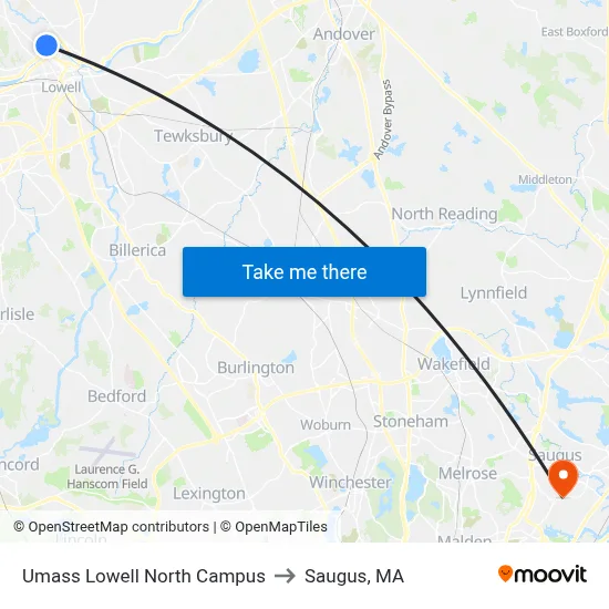 Umass Lowell North Campus to Saugus, MA map