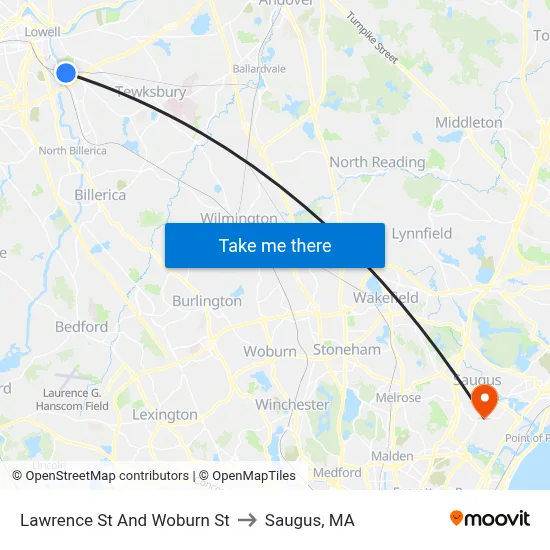 Lawrence St And Woburn St to Saugus, MA map