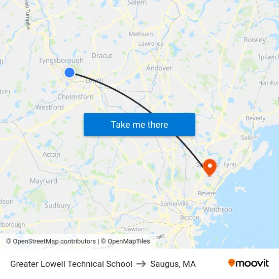 Greater Lowell Technical School to Saugus, MA map