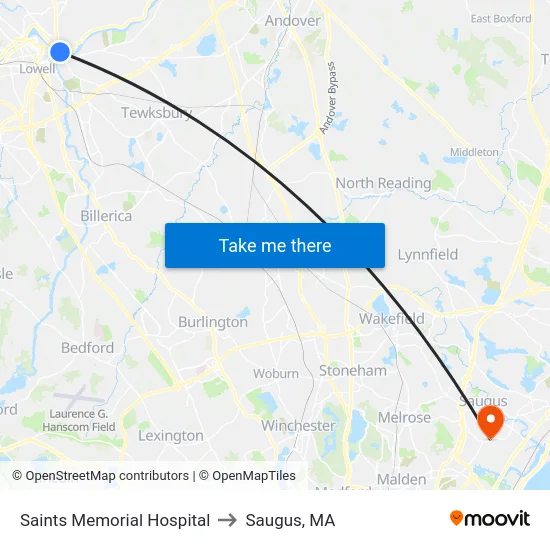 Saints Memorial Hospital to Saugus, MA map