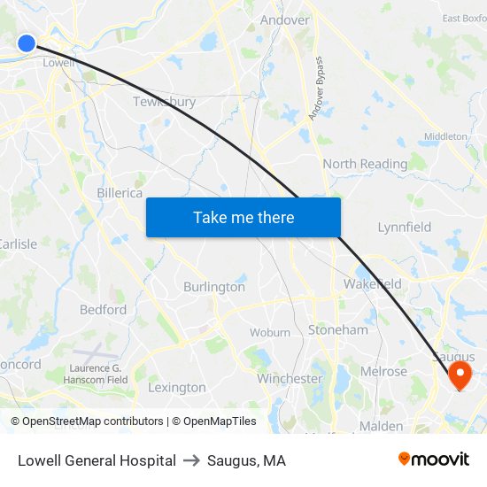 Lowell General Hospital to Saugus, MA map