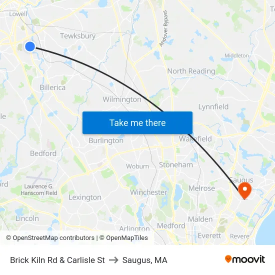 Brick Kiln Rd & Carlisle St to Saugus, MA map