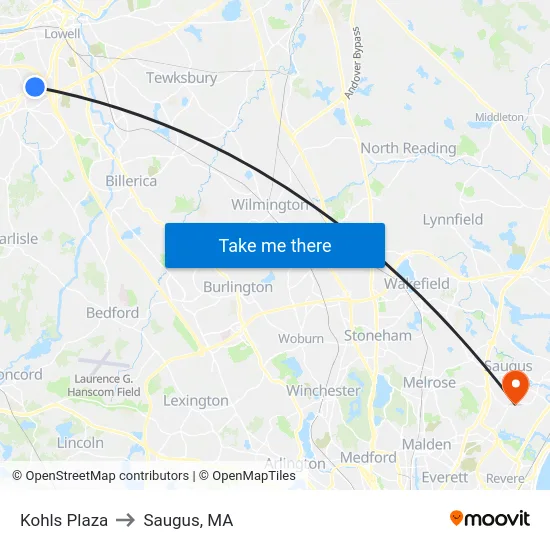 Kohls Plaza to Saugus, MA map