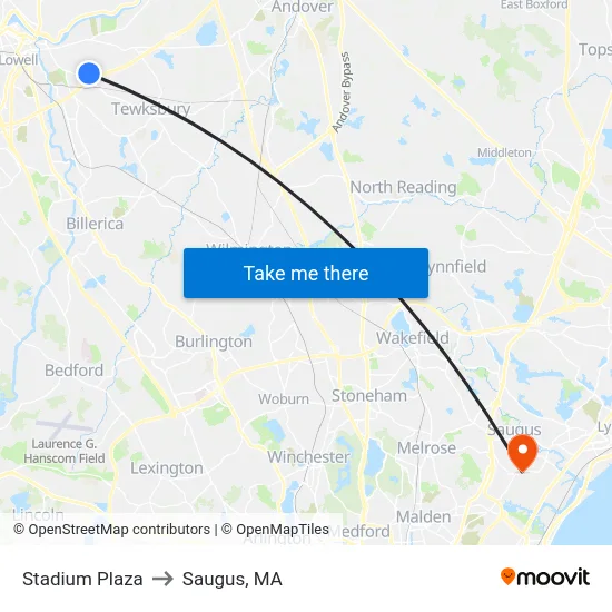 Stadium Plaza to Saugus, MA map