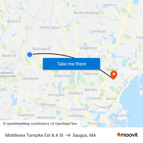 Middlesex Turnpike Ext & A St to Saugus, MA map