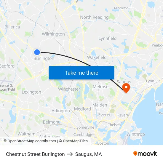 Chestnut Street Burlington to Saugus, MA map