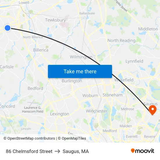 86 Chelmsford Street to Saugus, MA map