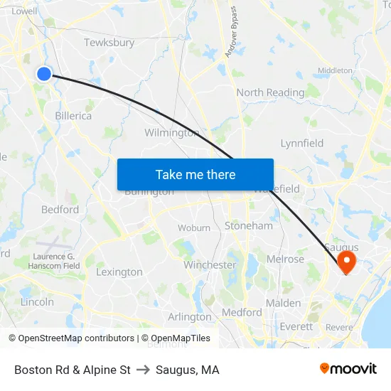 Boston Rd & Alpine St to Saugus, MA map