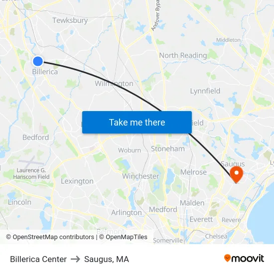 Billerica Center to Saugus, MA map