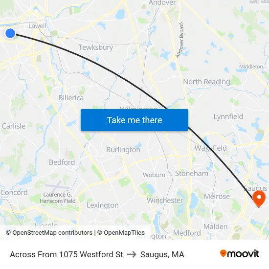 Across From 1075 Westford St to Saugus, MA map