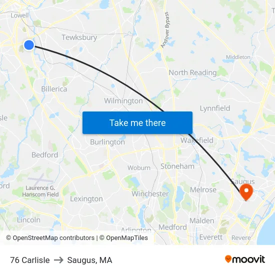 76 Carlisle to Saugus, MA map