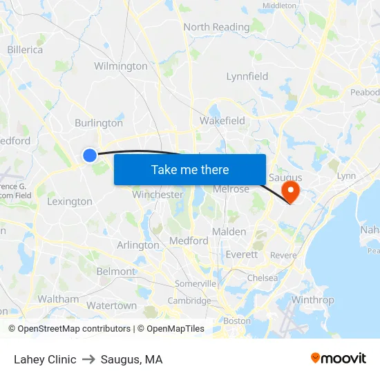 Lahey Clinic to Saugus, MA map