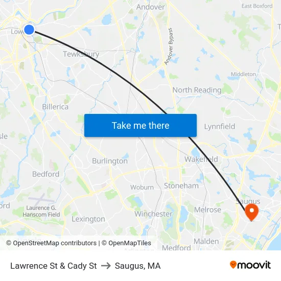 Lawrence St & Cady St to Saugus, MA map