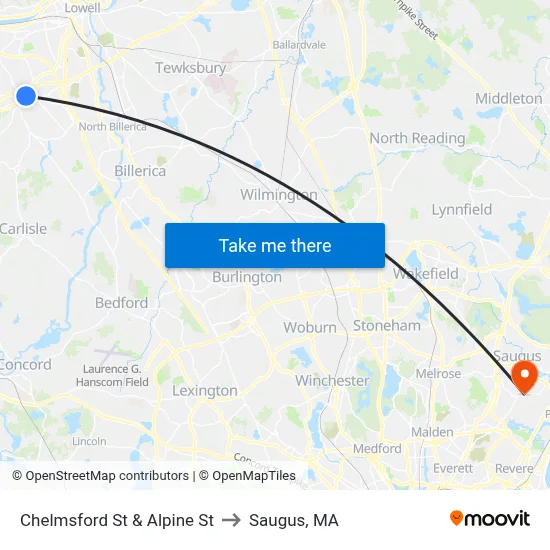 Chelmsford St & Alpine St to Saugus, MA map
