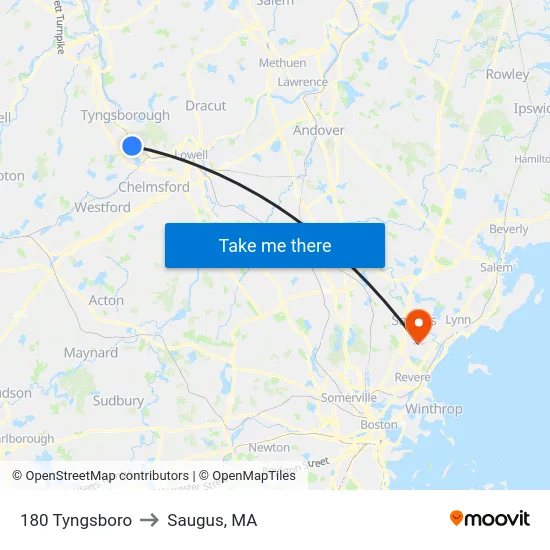 180 Tyngsboro to Saugus, MA map