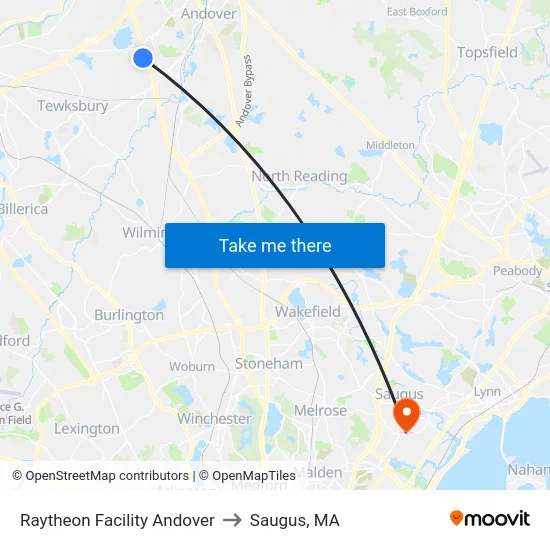 Raytheon Facility Andover to Saugus, MA map