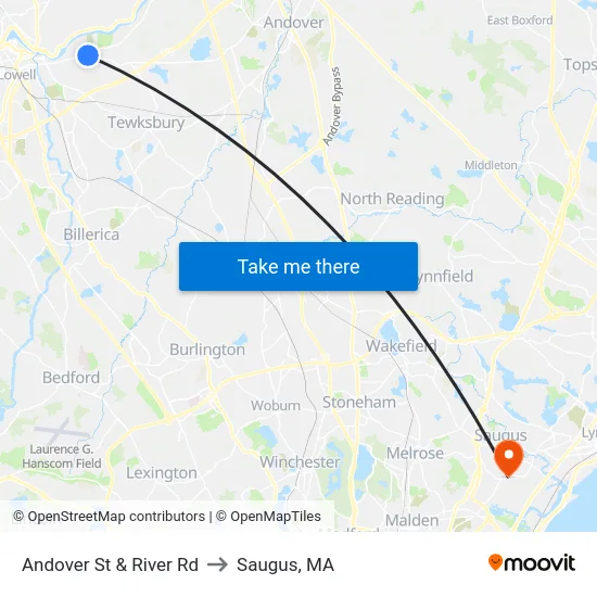 Andover St & River Rd to Saugus, MA map