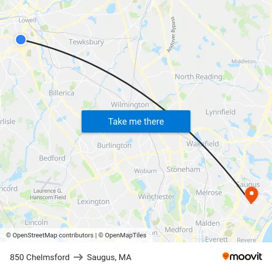 850 Chelmsford to Saugus, MA map