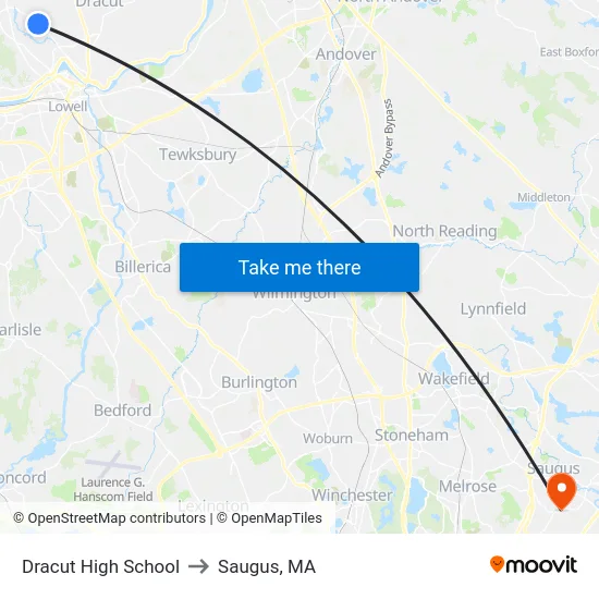 Dracut High School to Saugus, MA map