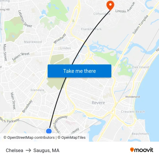 Chelsea to Saugus, MA map