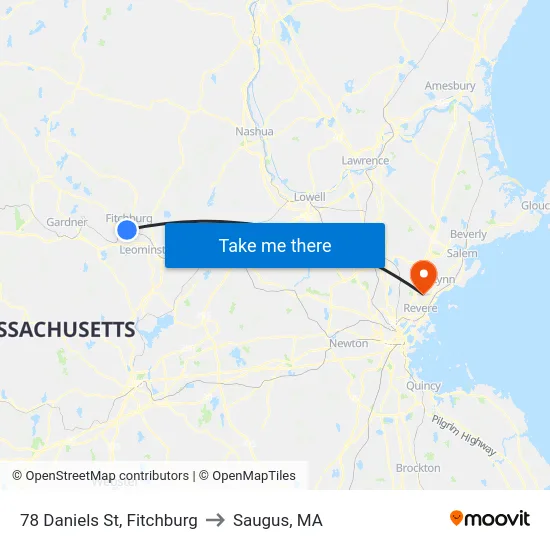 78 Daniels St, Fitchburg to Saugus, MA map
