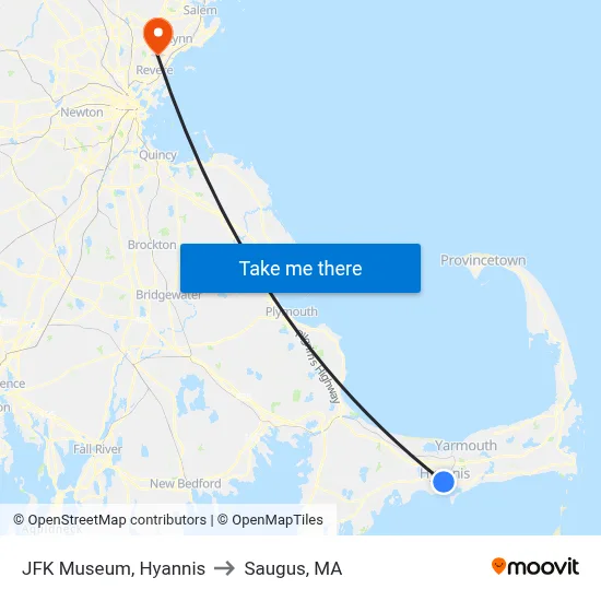 JFK Museum, Hyannis to Saugus, MA map
