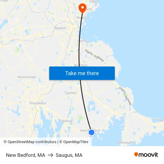 New Bedford, MA to Saugus, MA map