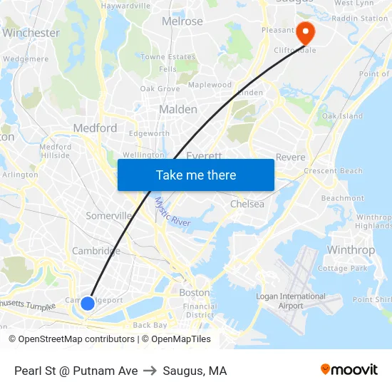 Pearl St @ Putnam Ave to Saugus, MA map